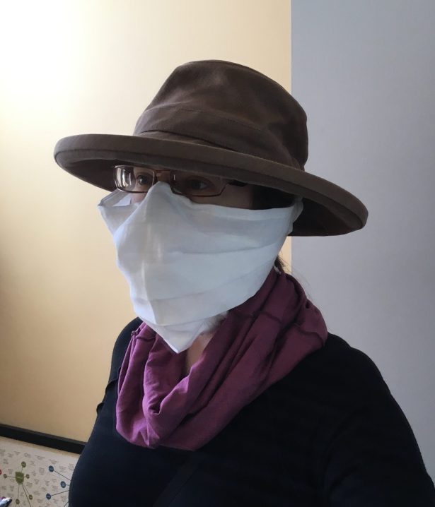 The author wearing an improvised home-made face covering in 2020