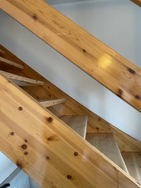 Wooden handrail only on one side of staircase leading to WC