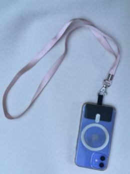 Pink lanyard clipped to lavender iPhone with Tether Tab